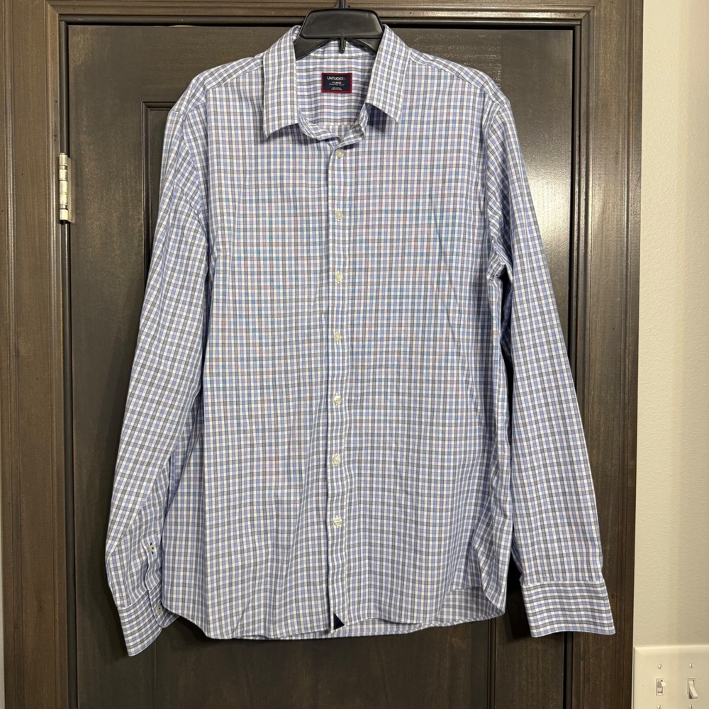 UNTUCKit Mens XL Tall Blue White Plaid Wrinkle Free Cotton Button Down Shirt